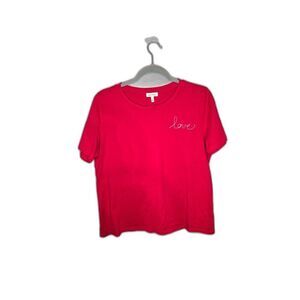 Ella Moss Women's Red Embroidered Love Cotton Short Sleeve Top Size Large